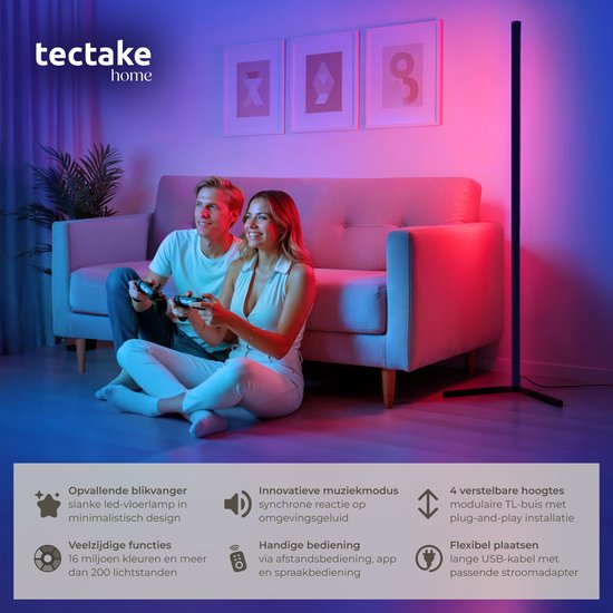 tectake® Smart LED Floor Lamp Spectra - Lampe d'angle avec 16 millions de couleurs - 200 effets lumineux - Lampadaire intelligent - 145 cm - Dimmable - Contrôlé par App, Télécommande, Bouton et Voix - Lampadaire de salon - Atmosphere Lighting