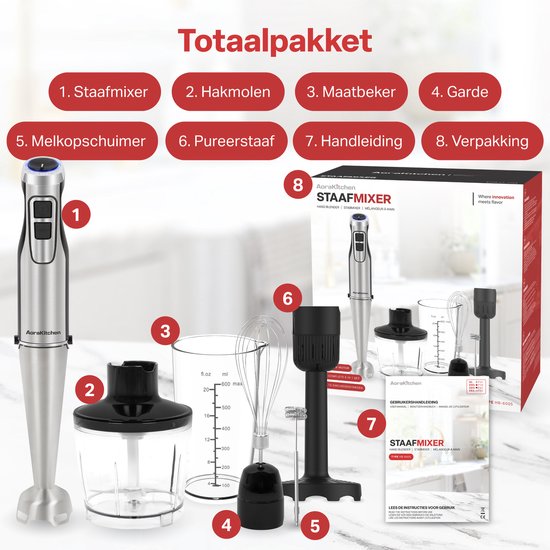 Pied mixeur - AoraKitchen - Set de 6 Piece - 1000W - Turbo - Mousseur à lait - Hachoir - Verre doseur - Fouet