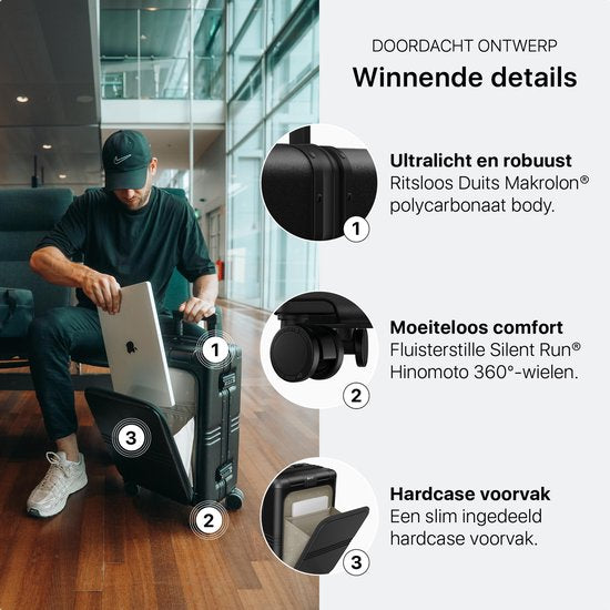 ONYX Hybrid Pro Hand Luggage Suitcase with Front Pocket 38 Litres - Recycled Polycarbonate and Zipperless Design - Travel Suitcase with TSA Lock and Spinner Wheels - Lightweight Trolley with Laptop Compartment - Onyx Black