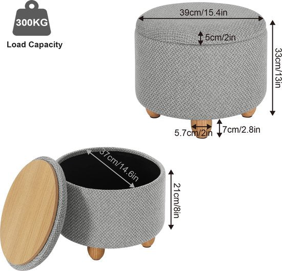 Rootz Hocker - Tabouret - Tabouret - Siège de rangement - Banc - Tabouret - Meuble - Gris clair - Ø39x33 cm
