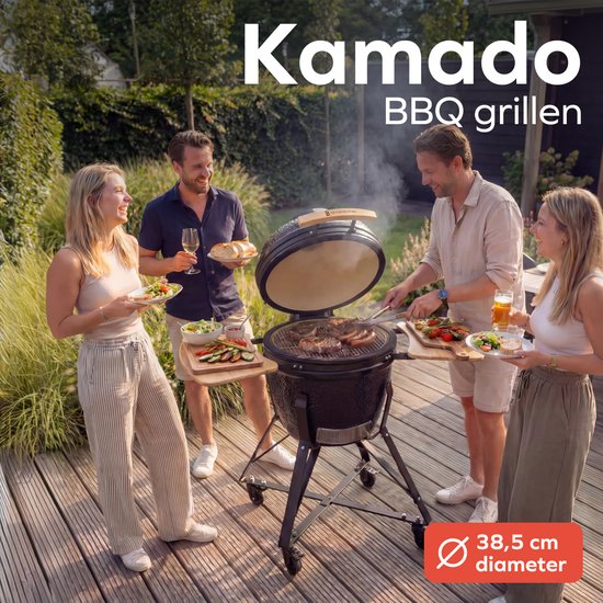 KitchenBrothers Kamado BBQ - 18 Inch Charcoal Barbecue - 38.5⌀ cm - Set complet - Egg BBQ avec accessoires incluant le couvercle - Noir