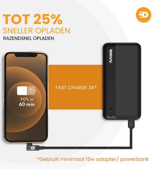Drivv. Câble USB vers USB C - Crochet - Câble de données et de charge USB C - Charge rapide / Charge rapide - 3 mètres - Convient à Samsung, iPhone 15 et autres -Noir