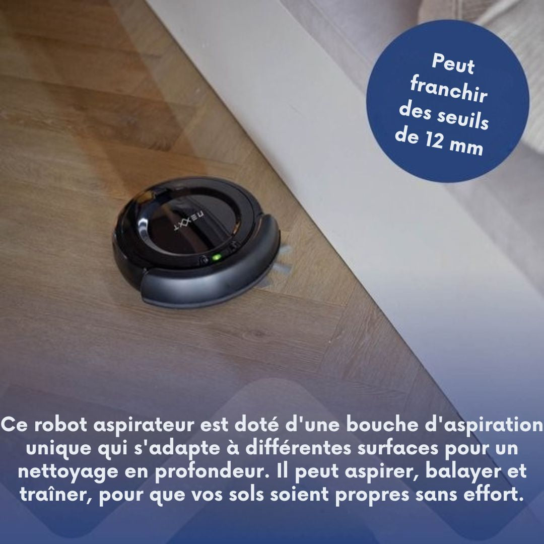Robot aspirateur avec station de recharge 3 en 1 - Nexxt - pour animaux de compagnie - Capteur anti-virus et 3 modes de nettoyage - Adaptateur et brosse inclus - 17W - noir