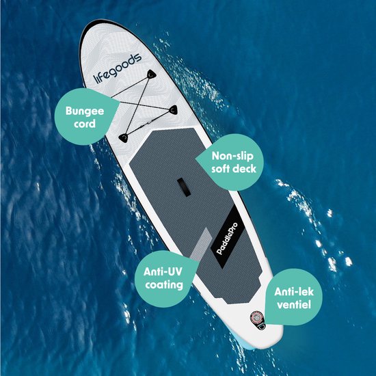 LifeGoods SUP Board All-round Compact - Capacité de charge 100 KG - 300 x 76 cm - Gonflable - Pack SUP complet - Blanc/Noir
