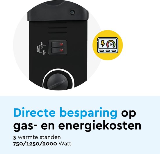 BRASQ Radiateur convecteur électrique - Thermostat réglable - Radiateur électrique - 750/1250/2000 watts - Chauffage - Noir