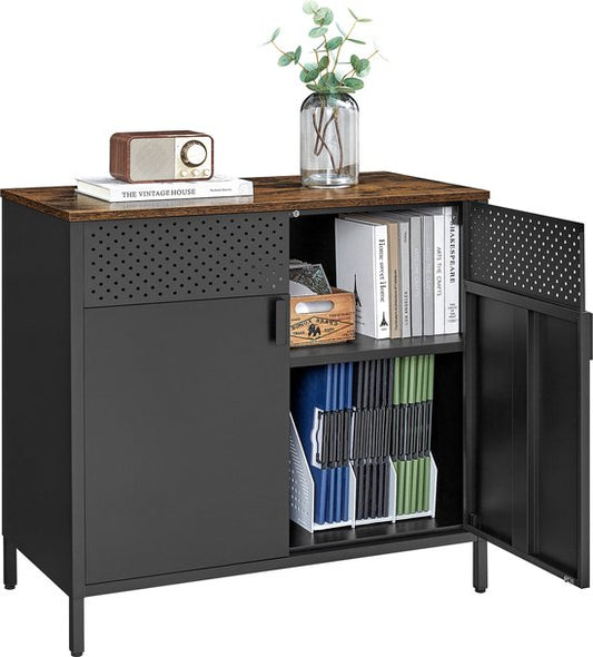 O'DADDY® Meuble de rangement en métal avec portes - Meuble TV - Nombreux rangements et flexibilité - Meuble TV - Buffet - Meuble de rangement intérieur - 80 cm - Noir/Marron vintage
