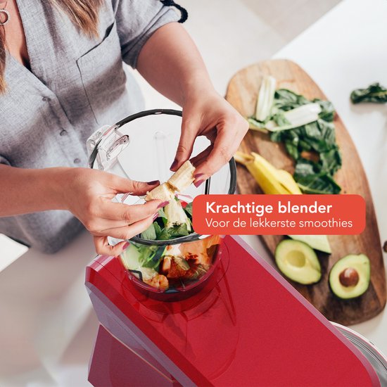 KitchenBrothers Robot de cuisine 6-en-1 - 1500W - Avec hachoir, blender et 15 accessoires - Bol en acier inoxydable de 6,2L - Rouge