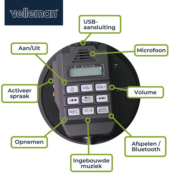 Mégaphone Velleman 50W avec sirène, batteries incluses, enregistrement 700s, réglage du volume, Bluetooth, USB, microphone à main, portée 1200m, 120dB, design ABS portable, noir mat