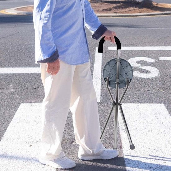 Mobiclinic Gloria - Canne avec siège - Jusqu'à 90 kg - Pliable - Aluminium - Canne tripode - Embouts antidérapants - Canne chaise - Canne orthopédique - Poignée ergonomique - Gris