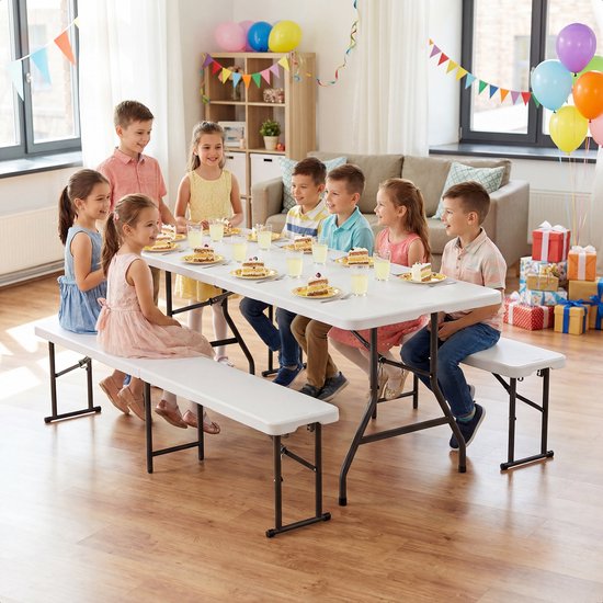LifeGoods Set de pique-nique pliable - 180cm x 74cm - Table de jardin avec 2 bancs - Résistant aux intempéries - Table de camping - Table à bière pliable - Pour l'intérieur et l'extérieur - Pour 6 à 8 personnes - Blanc
