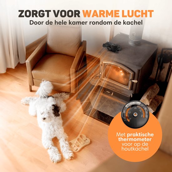 Vulpes Goods® Tech - Ventilateur de poêle à bois - Ventilateur de cheminée - Ecofan - Ventilateur de chaleur - 8 pales et 2 ventilateurs - Thermomètre et gant inclus - version PRO