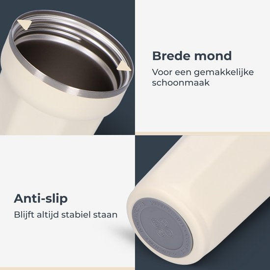 Mug thermos Castagnola - Tasse à café à emporter - Mug de voyage pour le café et le thé - Mug à thé - 380 ML - Acier inoxydable - Blanc cassé - Octogone