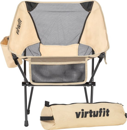 VirtuFit Camping Chair Compact - Chaise de plage - Sac de transport inclus - Convient pour les festivals, les campings et les plages - Accoudoirs inclus - Facile à transporter et à installer - Beige