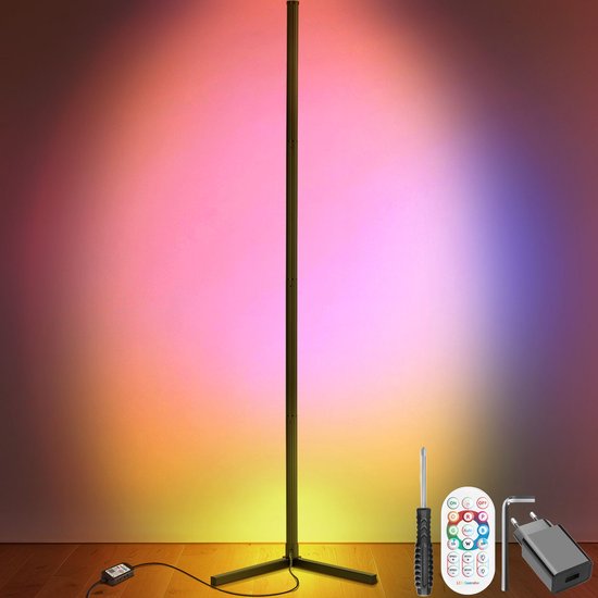 tectake® Smart LED Floor Lamp Spectra - Lampe d'angle avec 16 millions de couleurs - 200 effets lumineux - Lampadaire intelligent - 145 cm - Dimmable - Contrôlé par App, Télécommande, Bouton et Voix - Lampadaire de salon - Atmosphere Lighting