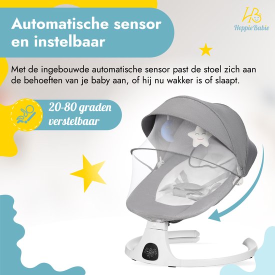 HeppieBabie Balançoire électrique - Options de musique et de balancement - Ceinture de sécurité à 5 points - Balançoire pour bébé - Balançoire pour bébé - Avec Ebook