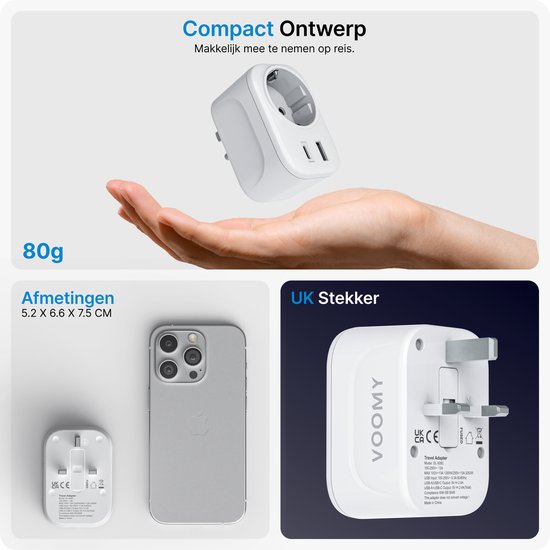 Voomy Travel plug UK/UK - USB-C & USB-A - Prise mondiale de type G - Blanc