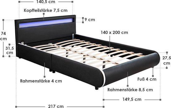 Lit capitonné Seville - 140 x 200 cm - Noir - Eclairage LED