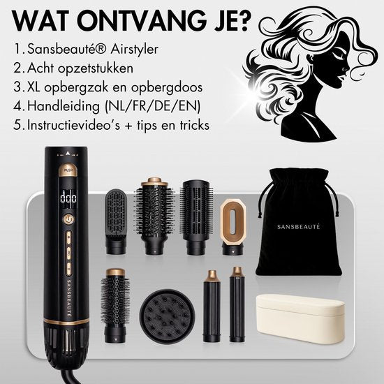 Sansbeauté® 8-in-1 Airstyler avec diffuseur et boîte de rangement - Multistyler - Brosse pour sèche-cheveux cheveux courts - Brosse pour sèche-cheveux - Sèche-cheveux - Brosse chauffante - Brosse à boucler - Fer à boucler - Brosse de coiffage - Câble rota