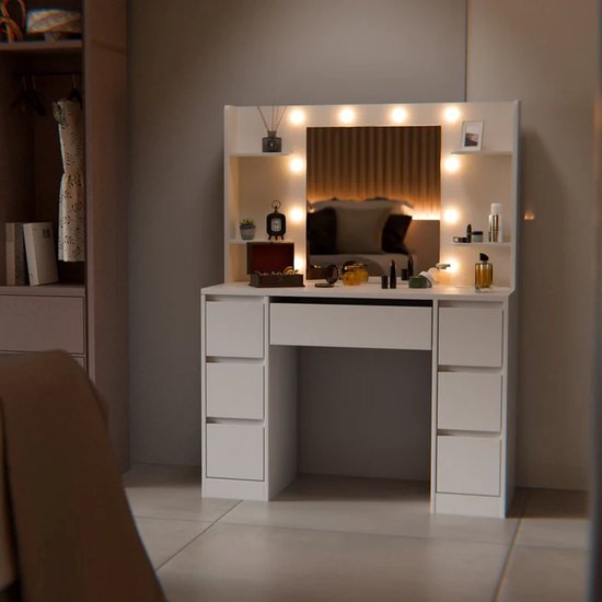 Malia coiffeuse / table de maquillage - Miroir et LED inclus - Blanc