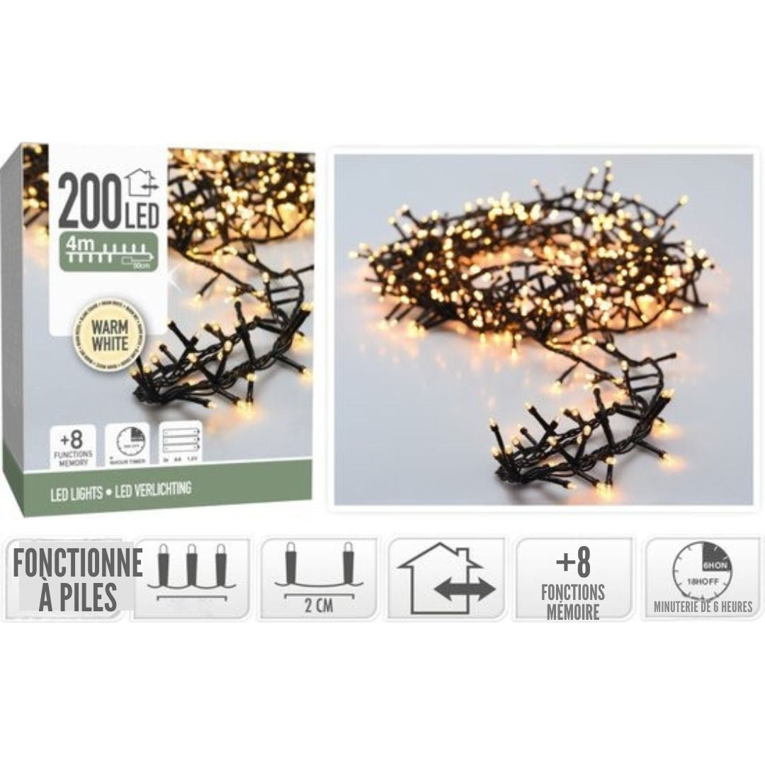 Guirlande - Merkloos - 200 led - 4m - Alimentation par piles - 8 fonctions d'éclairage - Blanc chaud