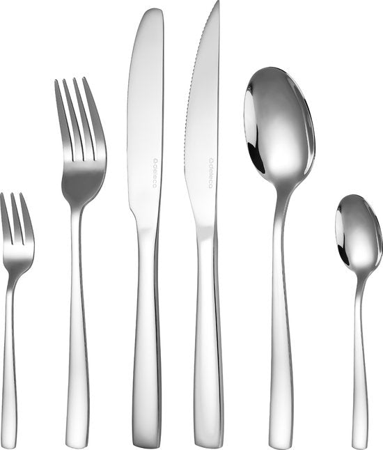 Deleca 6 Person Cutlery Set Essential (36 pieces) - Spoons, Knives, Forks, Steak Knives & Pastry Forks - Coutellerie lavable au lave-vaisselle - Shiny Silver / Stainless Steel