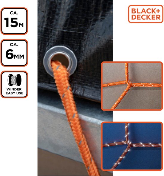 BLACK+DECKER Sangle d'arrimage 15 mètres - Incl. Sangle d'arrimage Oproller - Sangle d'arrimage - Corde de transport - Cordon élastique - avec parties réfléchissantes - Gestion du transport - Nylon/ Plastique - Orange/Noir