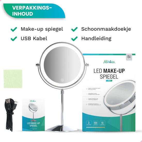 Mirlux Miroir de maquillage de luxe avec lumière LED - grossissement 10x - réglable et rechargeable - 3 niveaux de lumière - chrome - Miroir de maquillage - Miroir avec lumière LED
