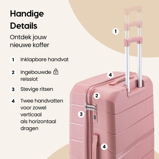 SKYCASES Urban Adventurer - Valise de voyage moyenne - Verrouillage par numéro - 44x27x66cm - 78L - Valise de voyage avec verrouillage de valise - Roues pivotantes - Rose