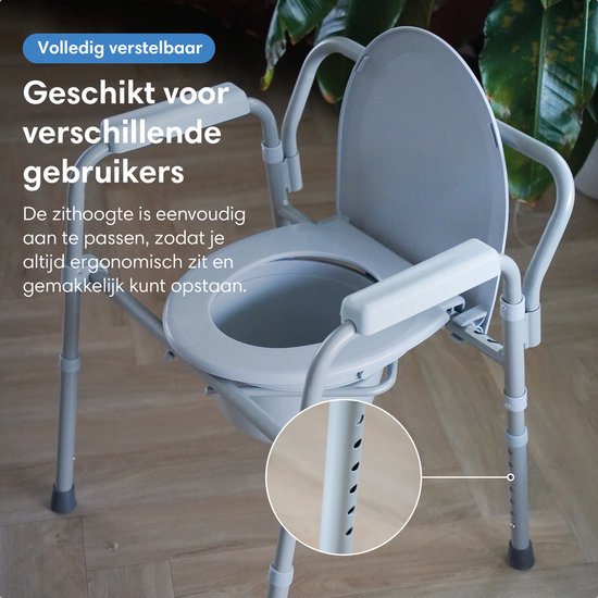 Safe Age® Toilet Chair 3-in-1 - pliable et réglable en hauteur - rehausseur de toilettes et chaise postale avec seau - jusqu'à 160 kg - pour les personnes âgées et le rétablissement - po chair - toilet chair