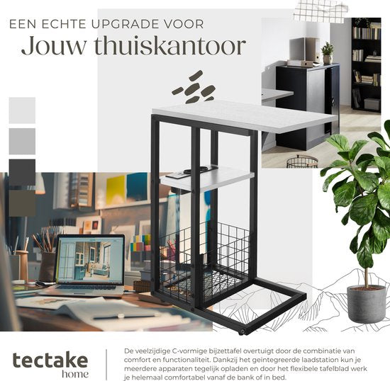 tectake® Table pour ordinateur portable avec station de charge - Prise de courant incluse - Table pour ordinateur en forme de C - Table d'appoint - Table de chevet - Avec porte-journaux et étagère supplémentaire - Blanc