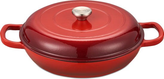 MOA Casserole en fonte - 3,5L - Pour toutes les sources de chaleur y compris l'induction - Avec couvercle - Ø 30cm - Revêtement antiadhésif - Rouge