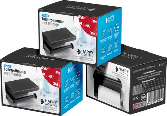Happy Goods Porte-rouleau de toilette avec étagère - Autocollant / Perçage - Porte-rouleau de toilette Noir sans perçage - Acier inoxydable - Vis incluses.