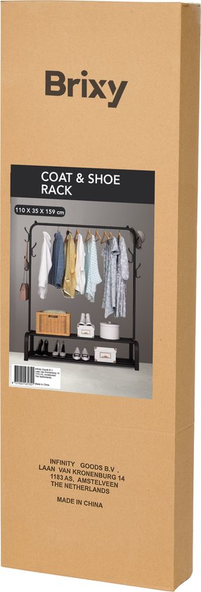 Brixy Rack à vêtements - Rack à penderies - 102x34x152cm - Rack à vêtements et à chaussures - Industriel - Métal - Noir
