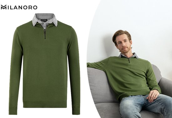Milanoro - Pull pour homme avec col chemise et demi-fermeture éclair - Marine - XL