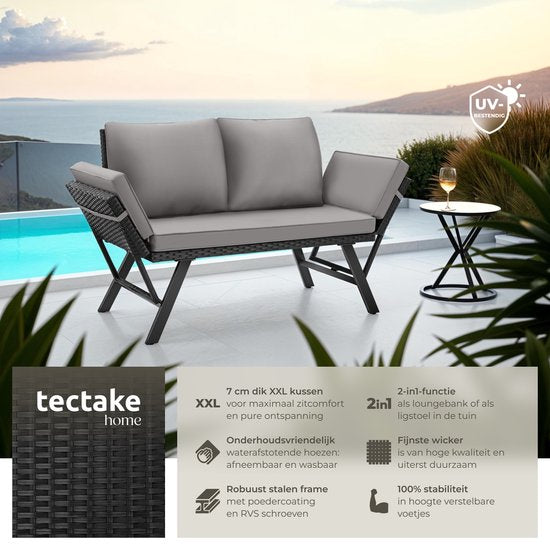 tectake® 2-in-1 Banc de jardin en osier Sintra - mains courantes réglables - set de jardin - chaise longue - banc de salon de balcon - coussins inclus - canapé de salon d'extérieur - lit solaire résistant aux UV et aux intempéries - gris clair/noir