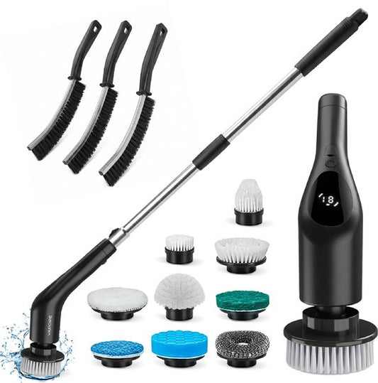 Brosse de nettoyage électrique Vapore - 14 accessoires + set de brosses à joints - moteur 421 tr/min - 3 vitesses - manche extensible de 118 cm - support mural 3M - polisseuse - brosse à récurer - pour la salle de bains et la cuisine