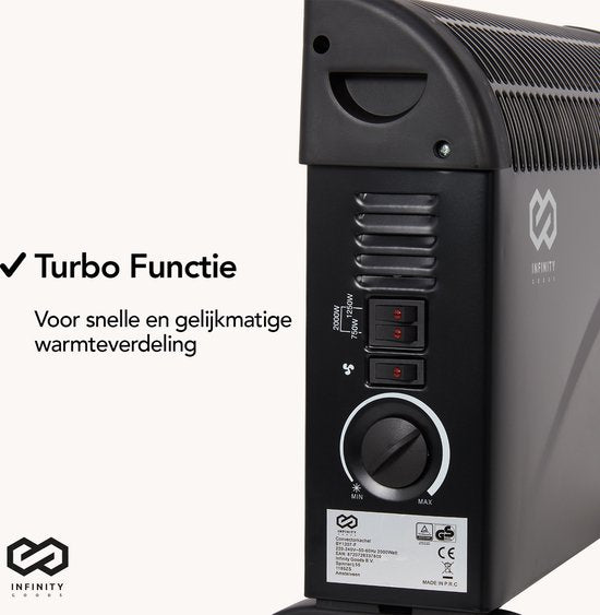 Infinity Goods Radiateur électrique - Fonction Turbo et ventilateur - 750 / 1500 / 2000W - Thermostat réglable - Radiateur - Protection contre la surchauffe - 35m² - Noir