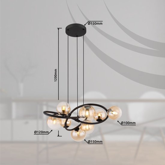 Globo - lampe suspendue - Tuberius - laiton noir - verre métal - Ø 65cm - G9 - 56141-8H