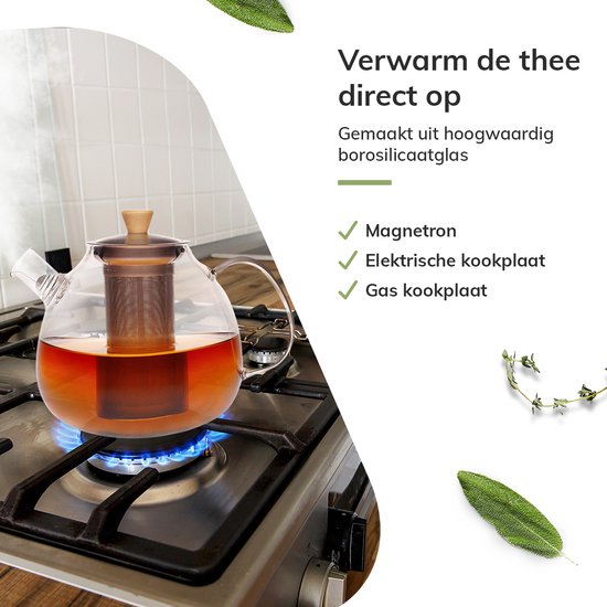 Deleca Théière en verre avec filtre et chauffe-plat - Verre borosilicaté - Tamis en acier inoxydable - Cadeau de Noël - Pour thé en vrac / fleurs de thé - 1.5L