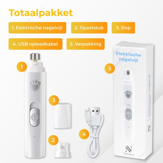 Nuvance - Lime à ongles électrique - pour chiens, chats et animaux - rechargeable par USB - tête de lime en diamant - sans fil - blanc
