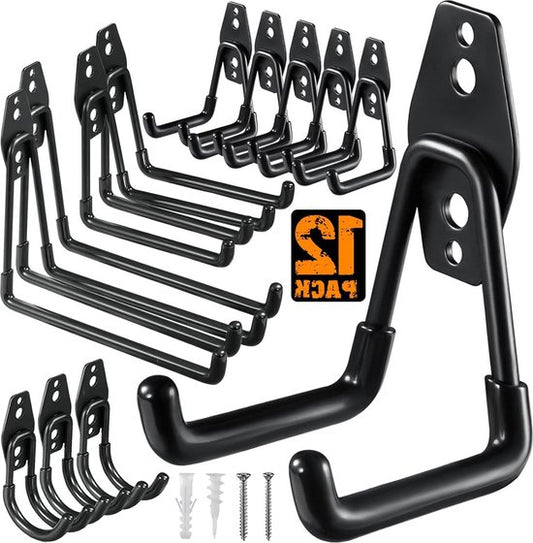 Crochets de rangement pour le garage - 12 pièces, pour ranger les outils électriques, les échelles, les gros objets, les bicyclettes