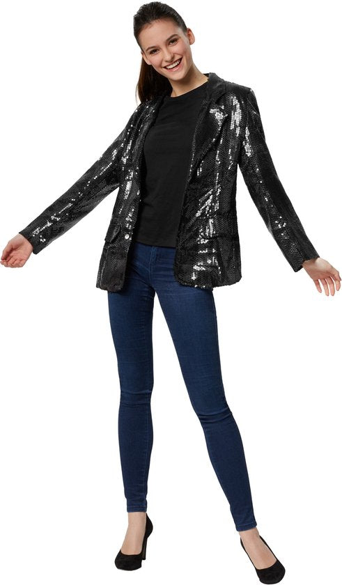Dressforfun Manteau à paillettes dames noir L - costume de déguisement halloween partywear carnaval partywear - 303858