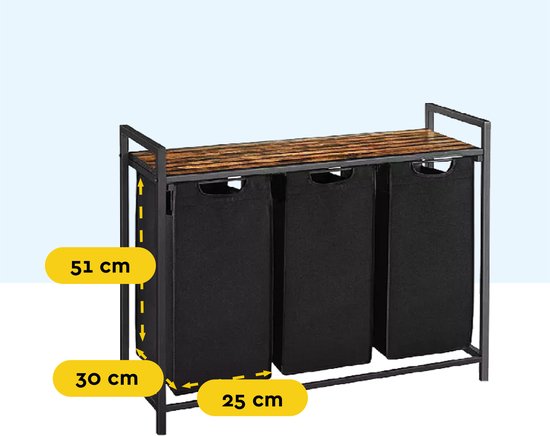 BRASQ Panier à linge 3 compartiments - Trieur de linge 114 litres - Extensible avec étagère 92,5x33x71 cm - Boite à linge Métal noir - Bois brun - Panier