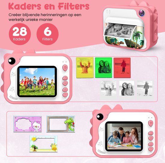 K&L® 3 IN 1 Digital Kids Camera + Instant print + play camera - 32GB micro sd card - camera kids - Vlog camera with games - Photo camera for kids - Small size toy - With video function - Pink