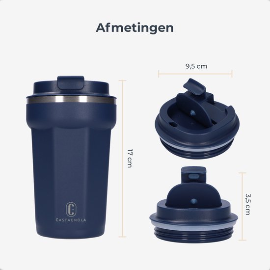 Mug thermos Castagnola - Tasse à café à emporter - Mug de voyage pour le café et le thé - Mug à thé - 380 ML - Acier inoxydable - Bleu foncé - Octogone