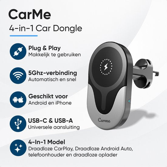 CarMe 4-in-1 CarPlay Dongle - Avec chargeur sans fil - Wireless CarPlay & Android Auto - Android Auto Dongle - MagSafe Car Holder - Noir