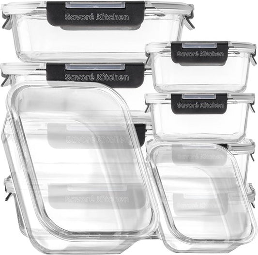 Savoré Kitchen Preserving Trays Set - with Steam Lid - Meal Prep Trays - Freezer Trays Glass - Airtight - 10 Pieces - 1040 & 380 ML