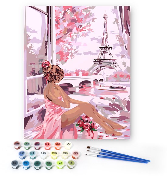 Rubye® Painting By Number Adults - Pink Paris - Peinture et pinceaux inclus - Toile à peindre - Colour by Number - 40x50cm