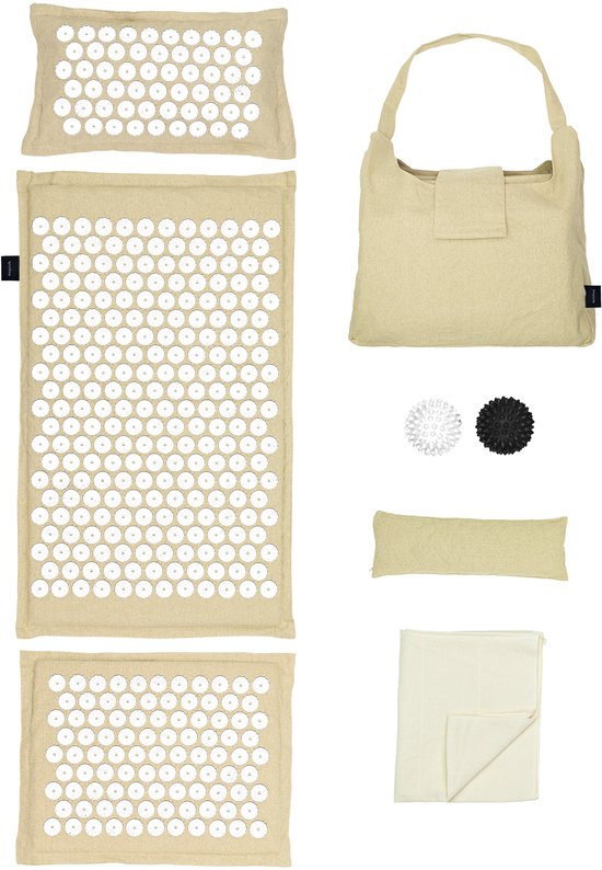 LifeGoods Acupressure Mat Eco - Set complet - Coussin / Sac de transport / 2x Trigger Point Ball - Shakti mat - Nail Mat - 72x43x2cm - Beige/White