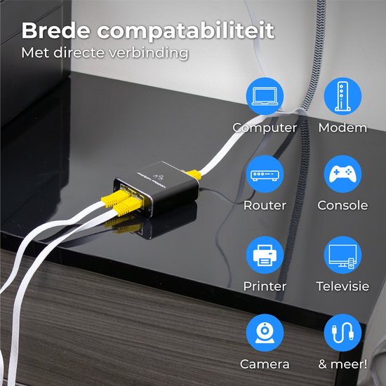 Nuvance - Répartiteur Internet - 2 Ports - Commutateur réseau - jusqu'à 1000Mbps - Répartiteur réseau - RJ45, Cat5, Cat6, LAN, UTP, Répartiteur Ethernet - Noir